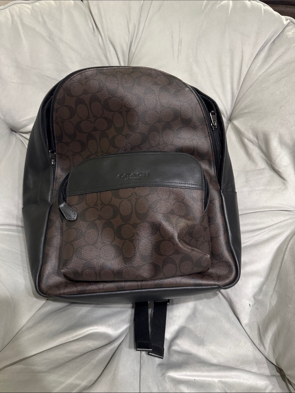 Coach Men’s Dark Brown Signature Monogram Backpack with Black Trim